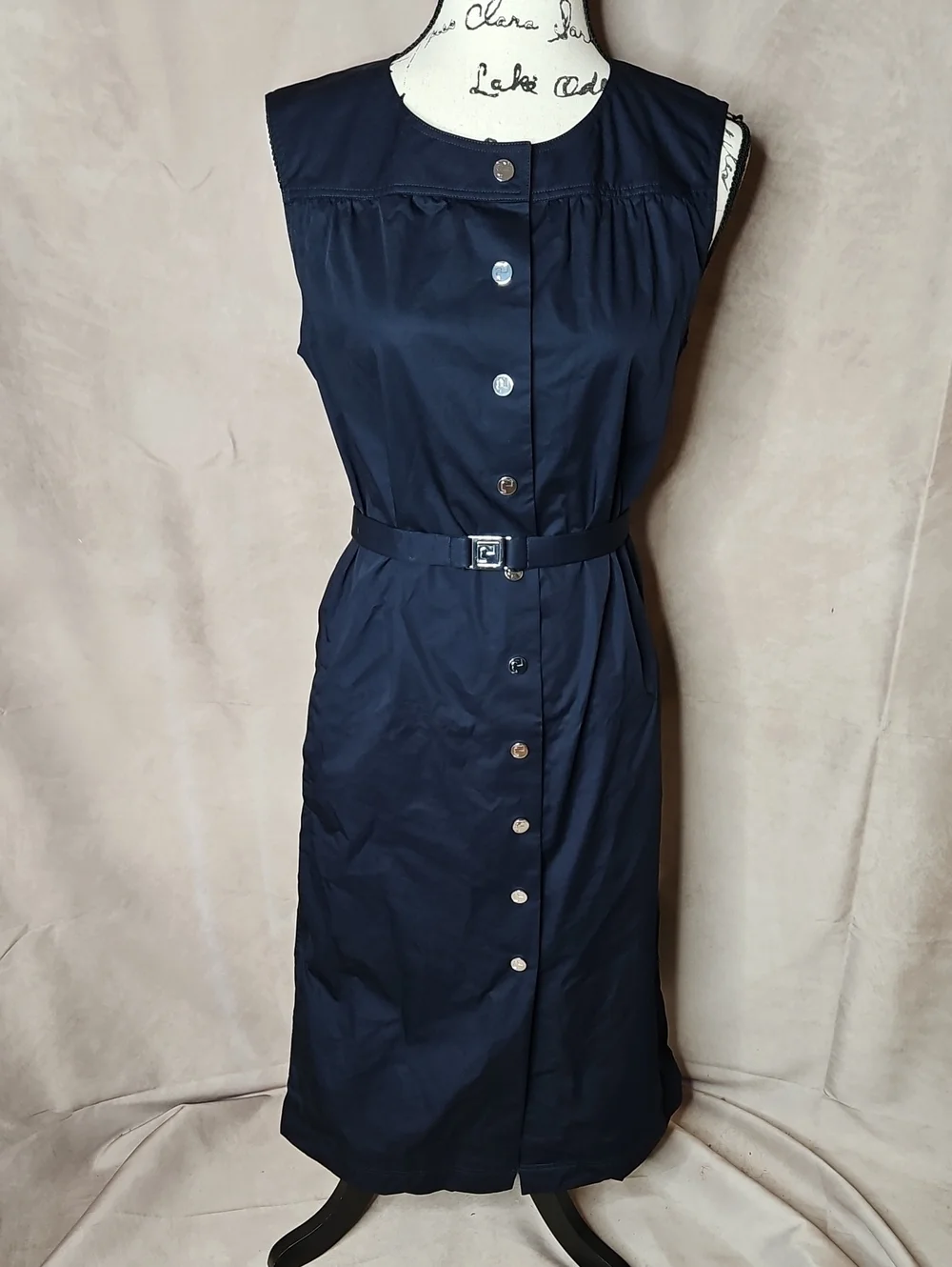 Tory Burch COTTON POPLIN DRESS Navy Snap Front Belted Sleeveless Dress Size 6